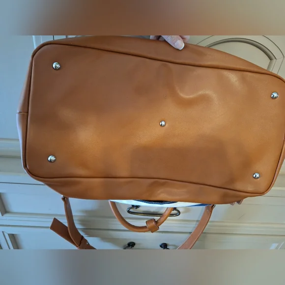 Lovevook Striped Blue and White Weekender Bag with Tan Accents - Picture 13 of 16